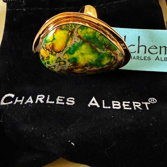 MOSAIC JASPER GEM RING, GREEN, SIZE ADJUSTABLE, LARGE STATEMENT RING, by CHARLES - Picture 1 of 8